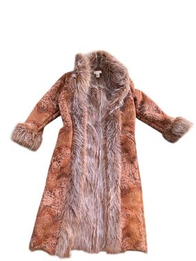 Newport News Rust Paisley Faux-Fur Trim Long Trench Coat vintage y2k